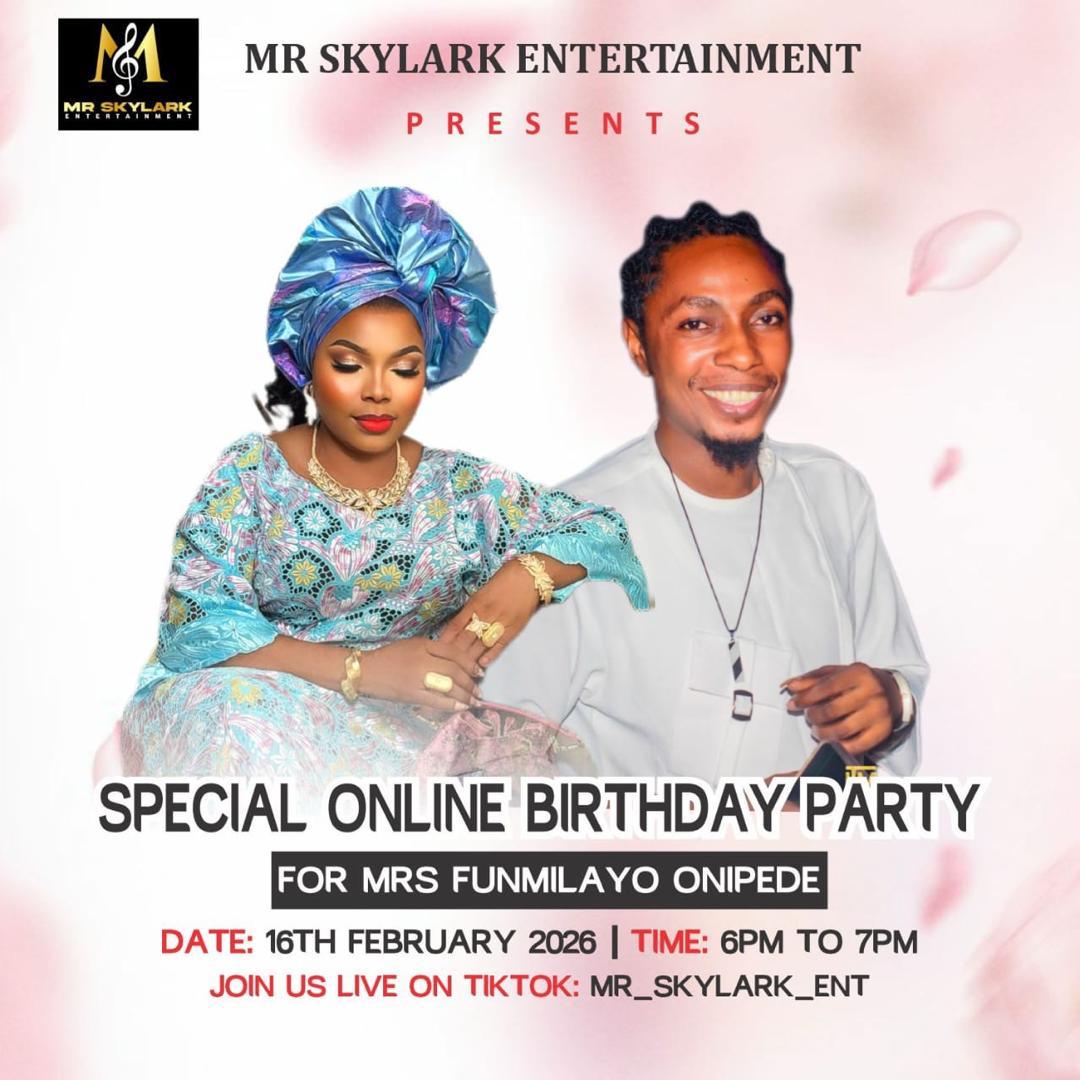 Special Online Birthday Party flyer for Mrs Funmilayo Onipede, presented by Mr Skylark Entertainment